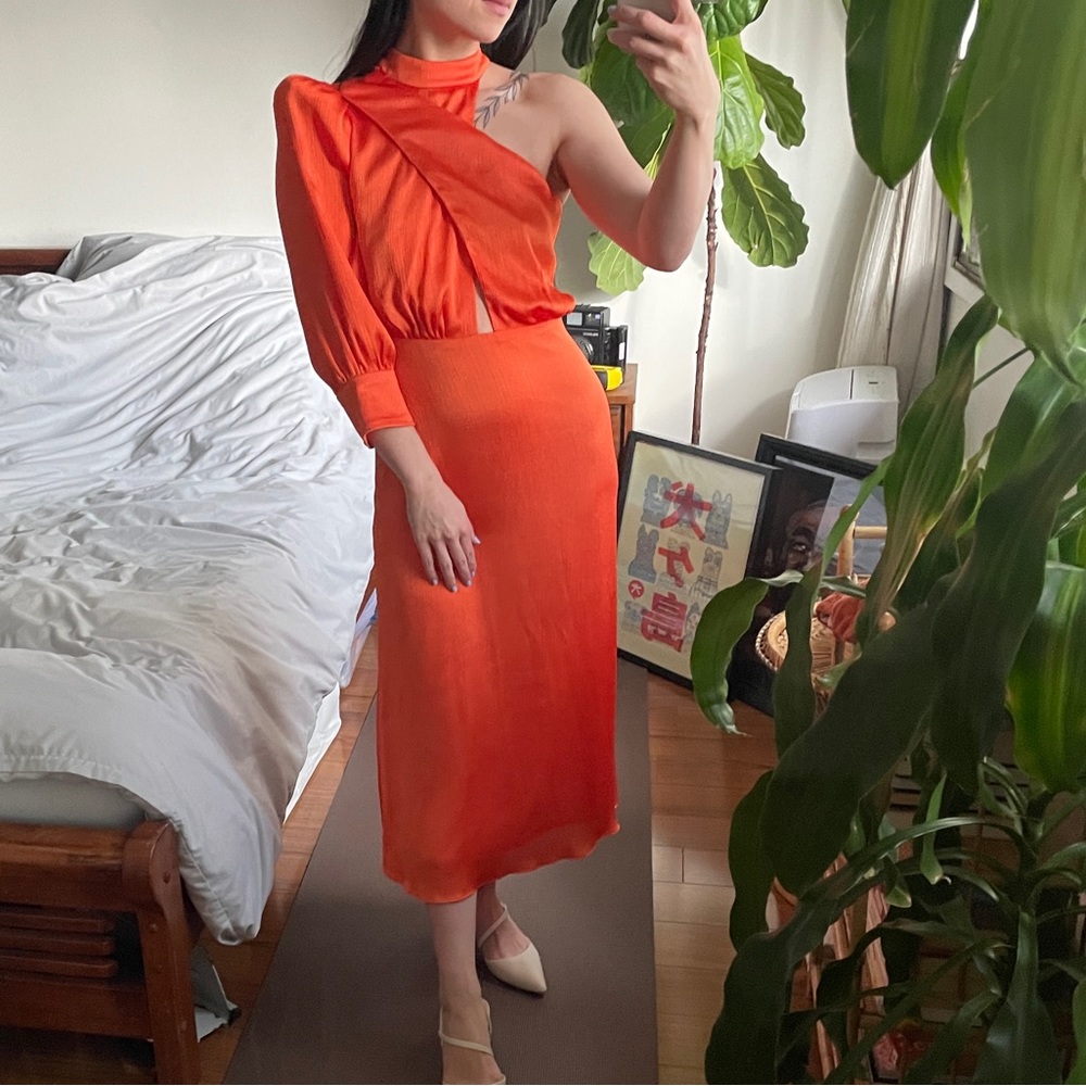 Stunning Orange Spanish Wedding Guest Dress by Miphai Spanish Designer